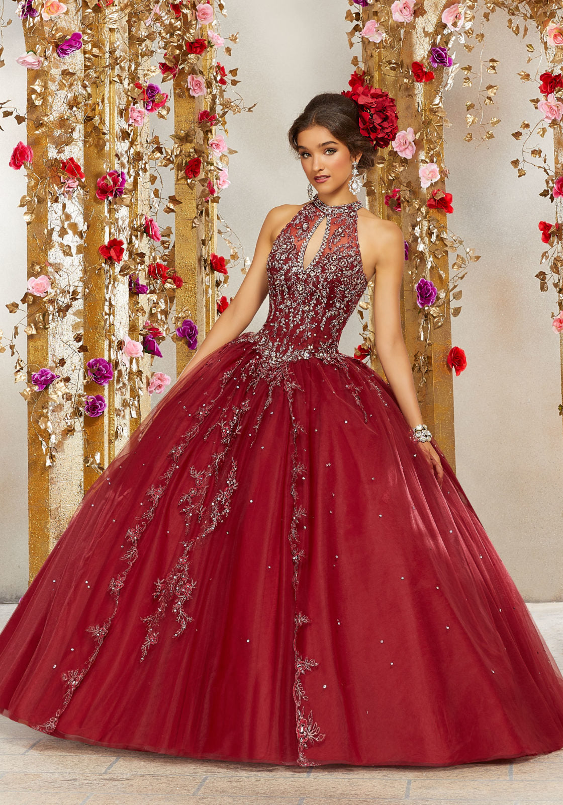 white christmas dresses PR12264 Princesa Quince Dress with Glitter Tulle Wine/Gold / 00 main image 0